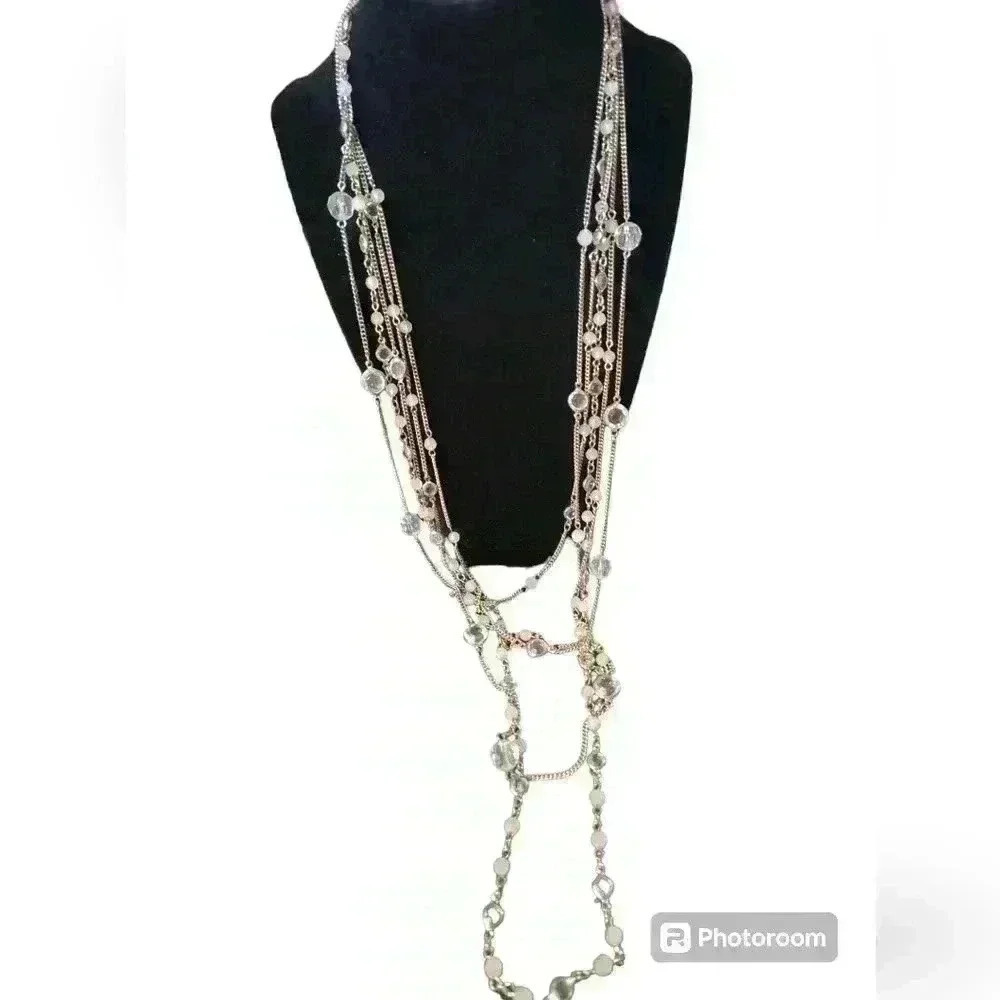 Long multi layer costume jewelry necklace gold tone